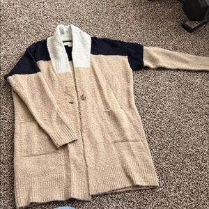 LOFT Women's Tan and Navy Colorblock Cardigan